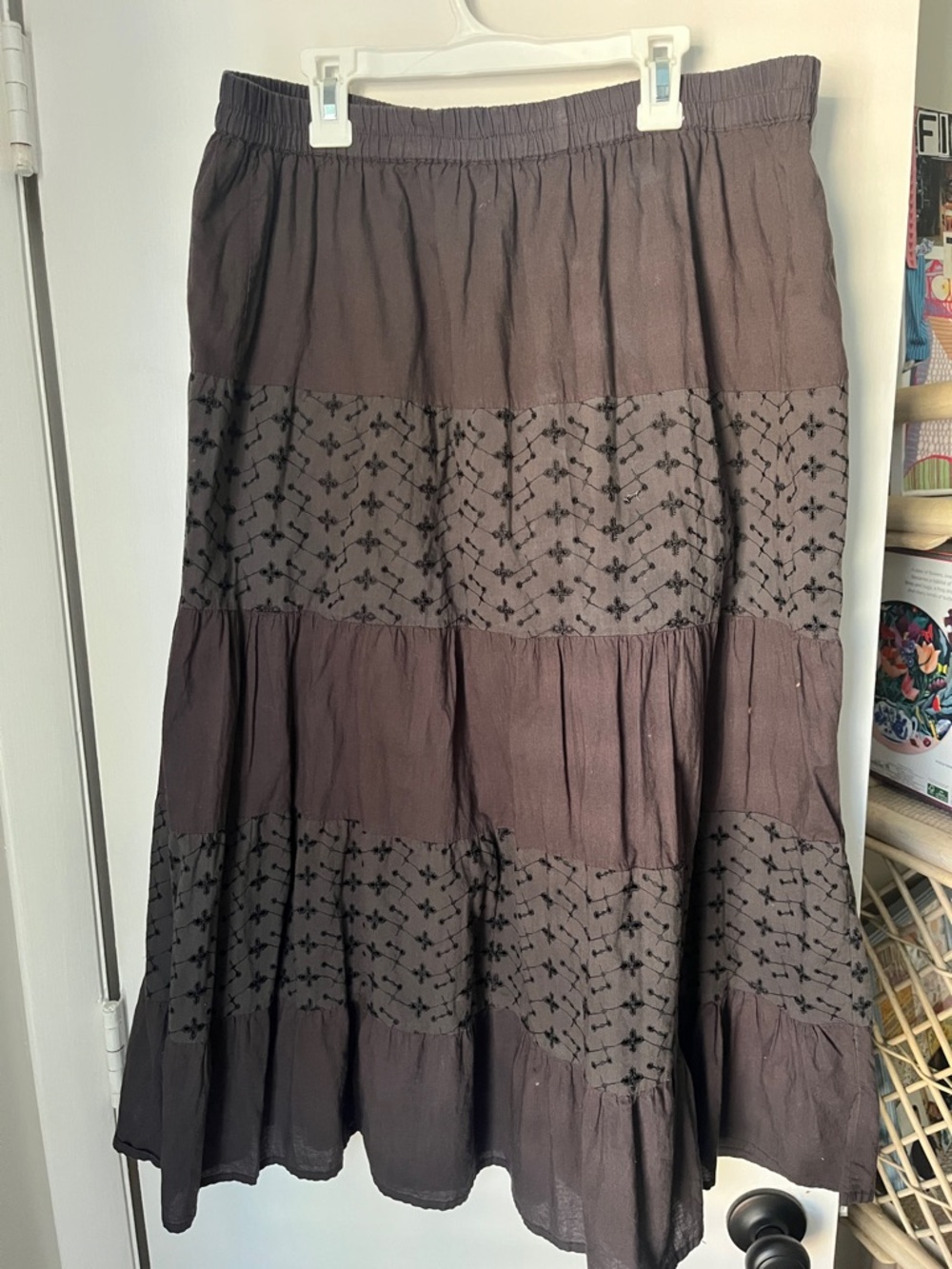 Vintage Women's Tiered Embroidered Midi Skirt - Brown